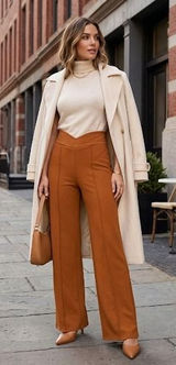 FORE Caramel Brown High Waisted Wide Flare‎ Leg Pants V Waistband Medium Pintuck Photo 0