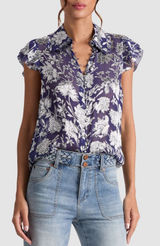 Alice + Olivia Layered Ruffle Sleeve Shirt Blouse Navy Blue Floral Silk Small Photo 0