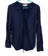 Loft size small long sleeve blouse dark blue ruffle and‎ lace up neckline Photo 0