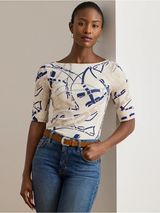 Lauren Ralph Lauren Belt Print Boatneck Top Navy Cream Equestrian Stretch Tee S Photo 0