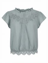 Mine Dusty Blue Lace Trim Blouse Short Sleeve Ruffle Neck Boho Women’s M Photo 0