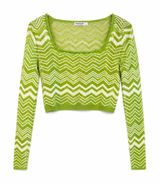 Stradivarius Top Green Chevron Cropped Long Sleeve Square Neck XS Fitted‎ Photo 0
