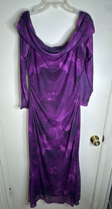 MEROKEETY Off-Shoulder Watercolor Floral Mesh Purple Maxi Dress Sheer Overlay XL Photo 0