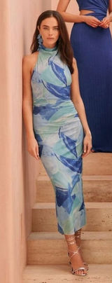 Lulus Idyllic In Ibiza Midi Dress Womens XL Blue Abstract Print Halter Neck Photo 0