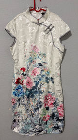 Jin He White Floral Satin Qipao Cheongsam Dress Size S Mandarin Collar Asian Photo 0