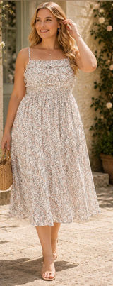 Peach Floral Spaghetti Strap Midi Dress Large Cottagecore Summer Wedding Guest Photo 0