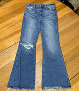 American Eagle Super Hi-Rise Flare Jeans Blue Distressed Raw Hem Women 10‎ Reg Photo 0