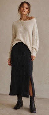 Aerie Black Ribbed Knit Midi Skirt Side Slit High Rise Sweater Skirt‎ Womens L Photo 0