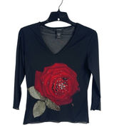 Express Y2K 90s Black Dark Floral Red Rose Mesh Sheer Top 3/4 Sleeve Whimsigoth Photo 0