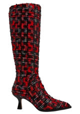 Betsey Johnson Women's Pamella Red/Black Plaid Sequin Knee High Boots Size 7.5 Photo 0
