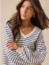 Altar’d State Raelynn V-Neck‎ Striped Sweater Top Cream Blue Sz XXL Photo 0