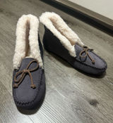 UGG Gray Suede Moccasin Slippers with Cream Shearling Trim Photo 0
