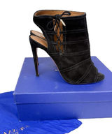 Aquazzura Oui Baby 105 Black Suede Lace Up Peep Toe Stiletto Bootie Size 39/US 9 Photo 0
