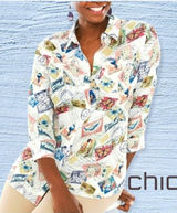 Chicos‎ Women's Linen Postage Stamp 3/4 Sleeve Button-up Top Sz L (2) Travel Photo 0