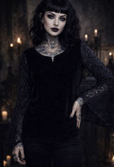 Y2K Velvet Bell Lace Sleeve Top‎ Womens L Whimsigoth Goblincore Fairy Goth Lace Photo 0