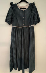 Vintage Style Corduroy Pinstripe Midi Dress Green Puff Sleeve Double Bow Back Photo 0
