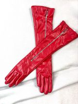 Beautiful Lipstick Red Long Faux Leather Zip Look Elbow Length Gloves Photo 0