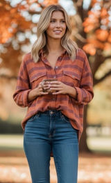 Free People Fawn Over You‎ Plaid Button Down Top Women's XS Orange Boho Chic Photo 0
