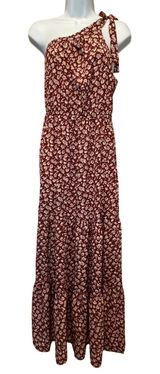 One Shoulder Floral Tiered Maxi Dress M Burgundy Coastal‎ Summer Wedding Garden Photo 0