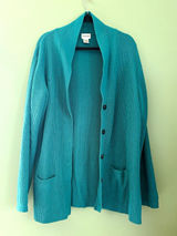 Liz Baker Vintage Teal Solid Rib-Knit Collared Button Front Pocket Cardigan XL Photo 0