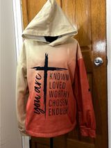 Women’s M Beige Coral Ombre Hooded Pullover Faith Cross Graphic Sweatshirt Photo 0