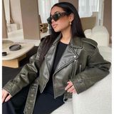 Zara Moto Jacket Women Small Olive Green Edgy Cropped Faux Leather Biker Coat Photo 0