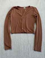 Wilfred Free Aritzia Cropped Cardigan Brown Ribbed Knit Button Front Top Small Photo 0