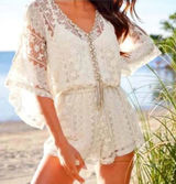 Venus Cream Lace Romper V-Neck Keyhole Back Tassel Tie Boho Size 1X Photo 0