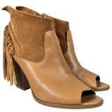 Marc Fisher Tan Leather Suede Fringe Peep Toe Ankle Boots Brown‎ Wood Heel 9 Photo 0