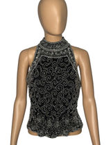 Vintage 1980s Papell Boutique Black Silver Beaded Silk Evening Top Small Photo 0