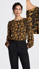 Ann Taylor Black Mustard Floral Puff Sleeve Blouse Large Workwear Office Career Photo 0