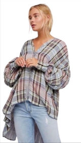 Free People Come On Over Plaid Top Oversized High Low Button‎ Front Blouse Small Photo 0