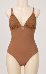 Shade & Shore‎ Women Brown Crochet High Leg Cheeky One Piece Swimsuit Large NEW Photo 0