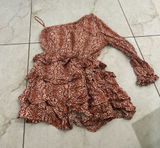 Skylar+Madison Rust Printed Ruffle Cold Shoulder Dress Size Small Photo 0