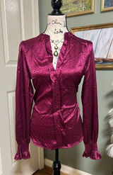 Burgundy Satin Ruffle Blouse Size S Romantic Vampy Dark Feminine Fall Photo 0