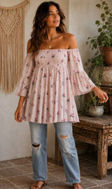 Free People Lana Off Shoulder Pink Berry Floral Smocked Babydoll Boho Top Photo 0