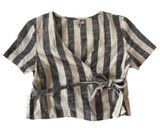 Ecote Wrap Top Black Ivory Stripe Cotton Tie Waist‎ Short Sleeve S Boho Photo 0
