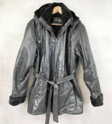 Ivy And Shania Women‎ Leather Jacket XL Belted Faux Fur Hooded Winter Edgy Photo 0