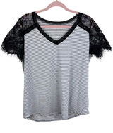 MAZIK Black Lace Trim Gray Striped‎ Lightweight V-Neck T-Shirt Size L Photo 0