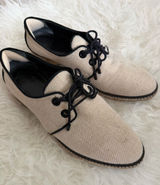 Tory Burch Fawn Oxford Linen Tan Espadrille Lace Up Loafers Shoes Women Size 9.5 Photo 0
