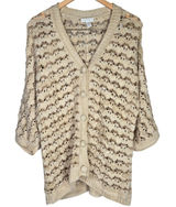 Charter Club Wool Blend Beige Brown Crochet‎ Knit Cardigan Sweater L 3/4 Sleeve Photo 0
