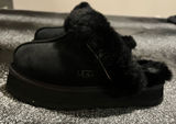 Womens sz6 UGG Disquette Platform Slippers Black Suede Shearling Fur Slides Photo 0