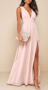 Lulus Heavenly Hues Blush Pink‎ Pleated V Neck Maxi Dress Formal Event Size S Photo 0