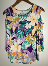 Palm Grove Wm M Cold Shoulder Tropical Floral Top Purple Green 3/4 Sleeve Resort Photo 0