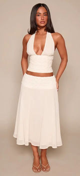 PrettyLittleThing PETITE CREAM WOVEN WAISTBAND SHEER MAXI SKIRT & TOP SET SZ 8P Photo 0