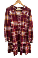 LOFT Flannel Babydoll Tiered Mini Dress Medium Red Yellow Tartan Plaid Medium Photo 0