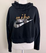 Nike Womens Black Metallic Gold Silver Logo Cropped Hoodie‎ Sweatshirt Size M Photo 0