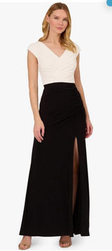 Adrianna Papell Women Pleated Layered Gown Size 4 Black And Ivory Tuxedo Dress Photo 0