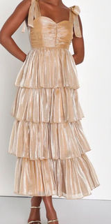 NWT Lulus Small Gold Radiant Arrival‎ Shiny Gold Organza Tiered Tie-Strap Maxi Photo 0