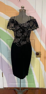 Vintage Scott McClintock Black Velvet Silver Brocade Off Shoulder Dress Photo 0